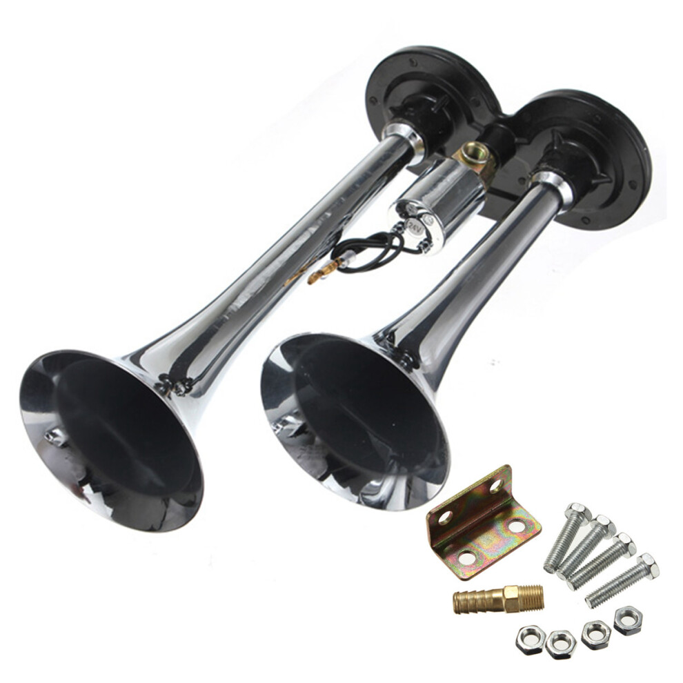 New 24V 135Db Super Loud Dual Trumpet Air Horn For Truck Car Mega Train Chrome 762179078746