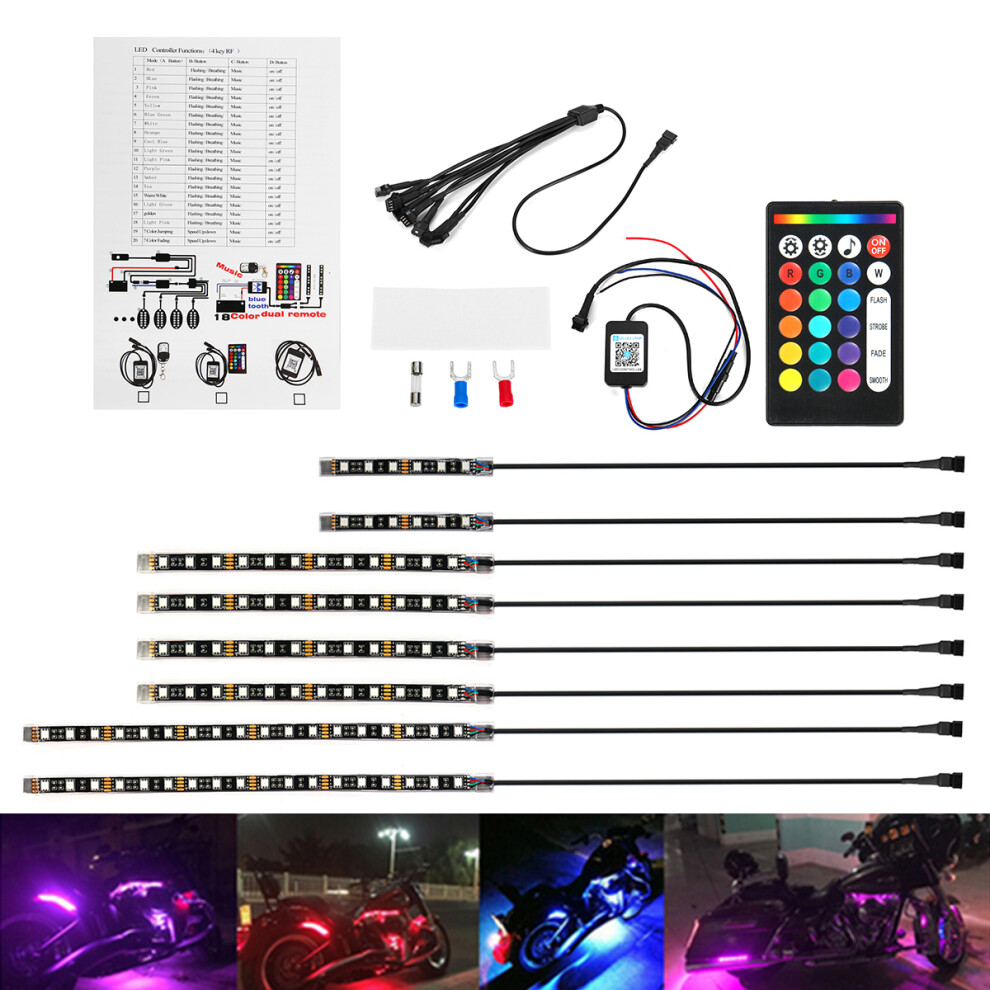 New 8Pcs Car Motorcycle Atv Strip Rgb Led Remote Under Glow Brake Bluetooth Kit Light 762179083634