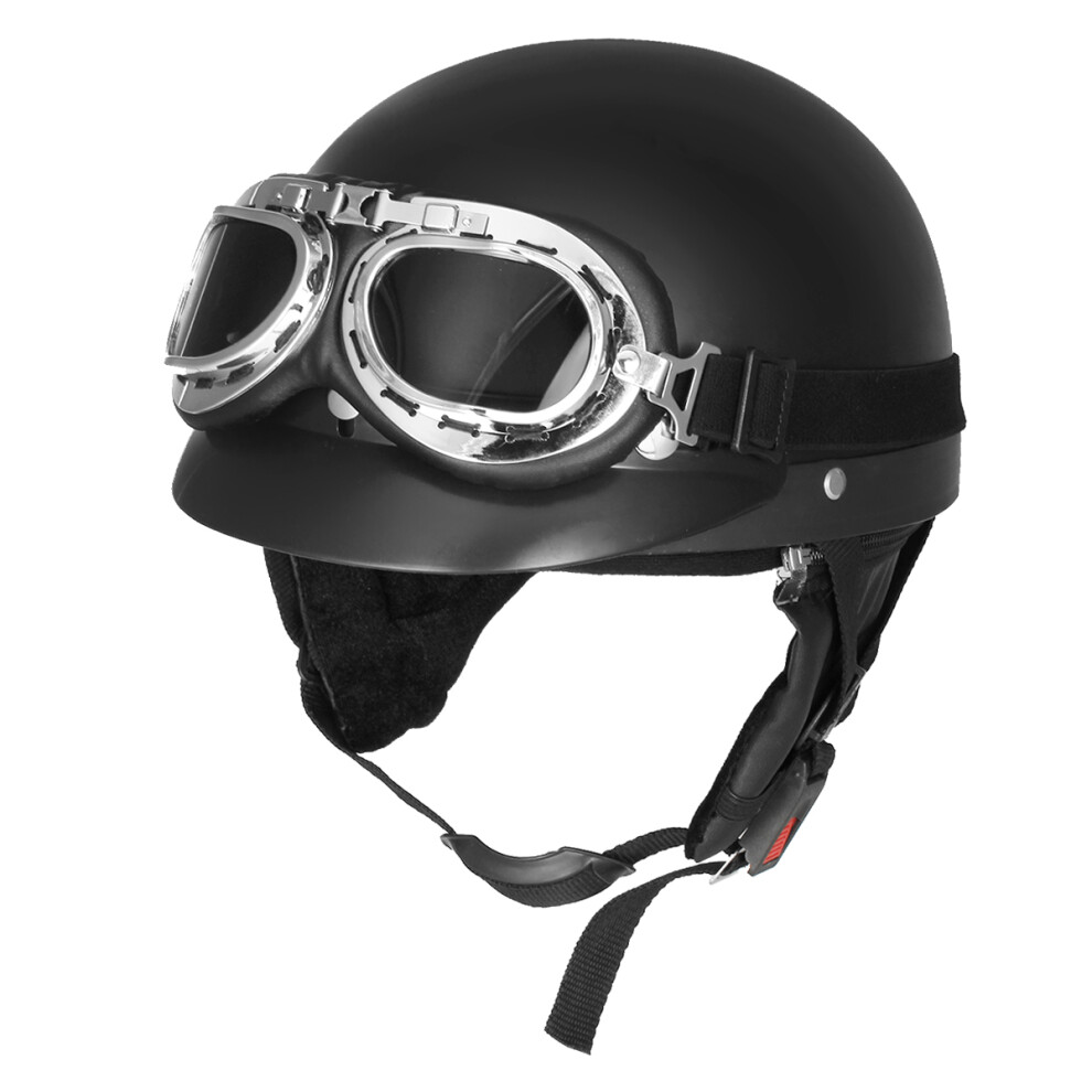 New Retro Matt Motorcycle Half Face Helmet Biker Scooter With Sun Visor Uv Goggles Cafe Racer Black 762179082033