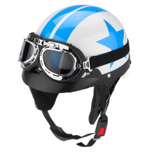 Nuevo casco protector de motocicleta con patrón de estrellas azul y blanco con visera y gafas vintage