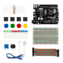 RobotDyn Starter-Kit mit Uno R3 Breadboard Buzzer Dupont-Jumper Widerstand Lichtsensor LED-Modul