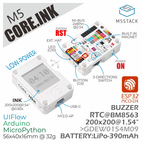 M5Stack ESP32 Core Ink Development Kit with 1.54'' EInk Display IoT Terminal E-Book Industrial Control Panel