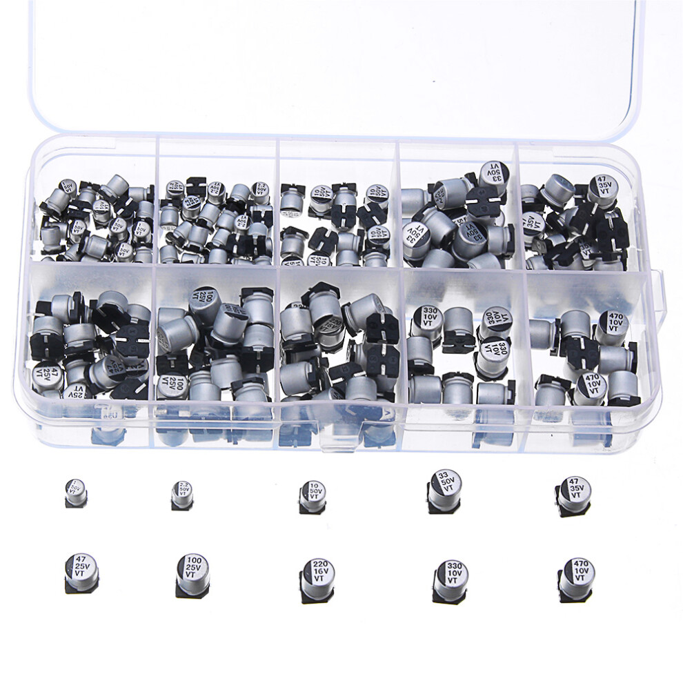 200Pcs 10 Values Smd Electrolytic Capacitor Assorted Kit 10V-50V 1Uf-470Uf With Storage Box 3796737145486