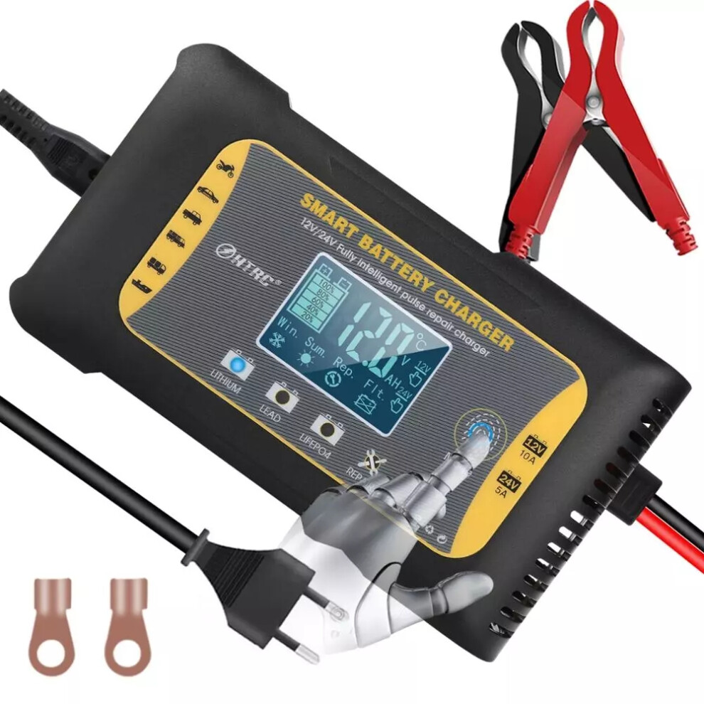 New Htrc 12V/24V 10A/5A 7-Stage Touch Screen Pulse Repair Lcd Battery Charger For Lithium Lifepo4 Lead-Acid Agm Gel Blue 762179080671