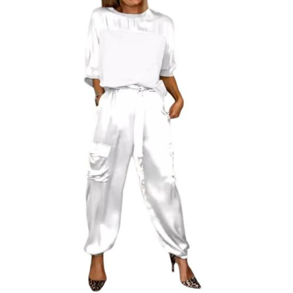 (white, M) 2 Pcs/set Women Top Pants Set Satin Three Quarter Sleeves O Neck Lace-up Waist Solid Color Soft Breathable Casual Pockets Loose Blouse Trousers Set