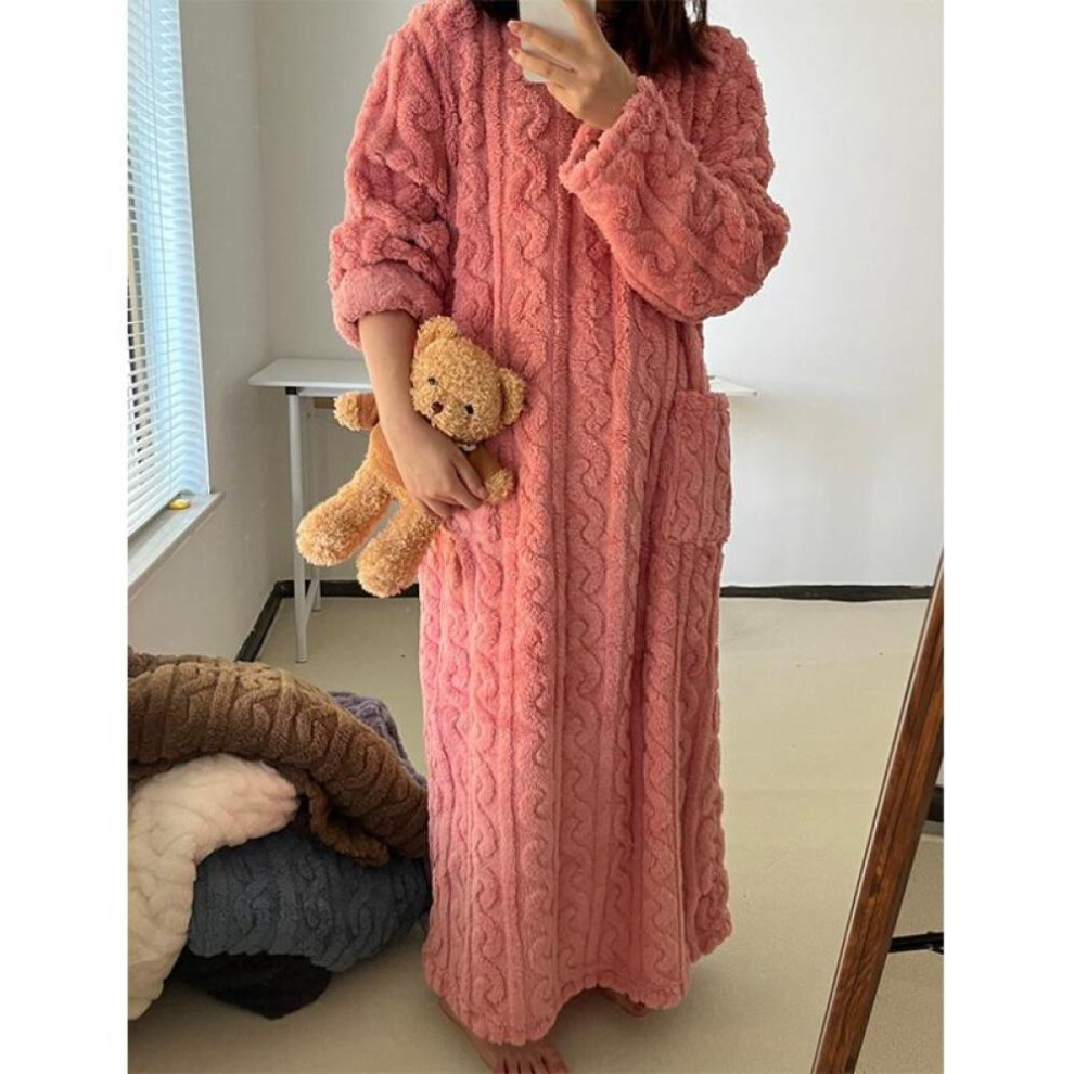 (pink, M) Women Soft Warm Night Dress Thickened Solid Color Jacquard Dress Nightgowns Flannel Sleepwear