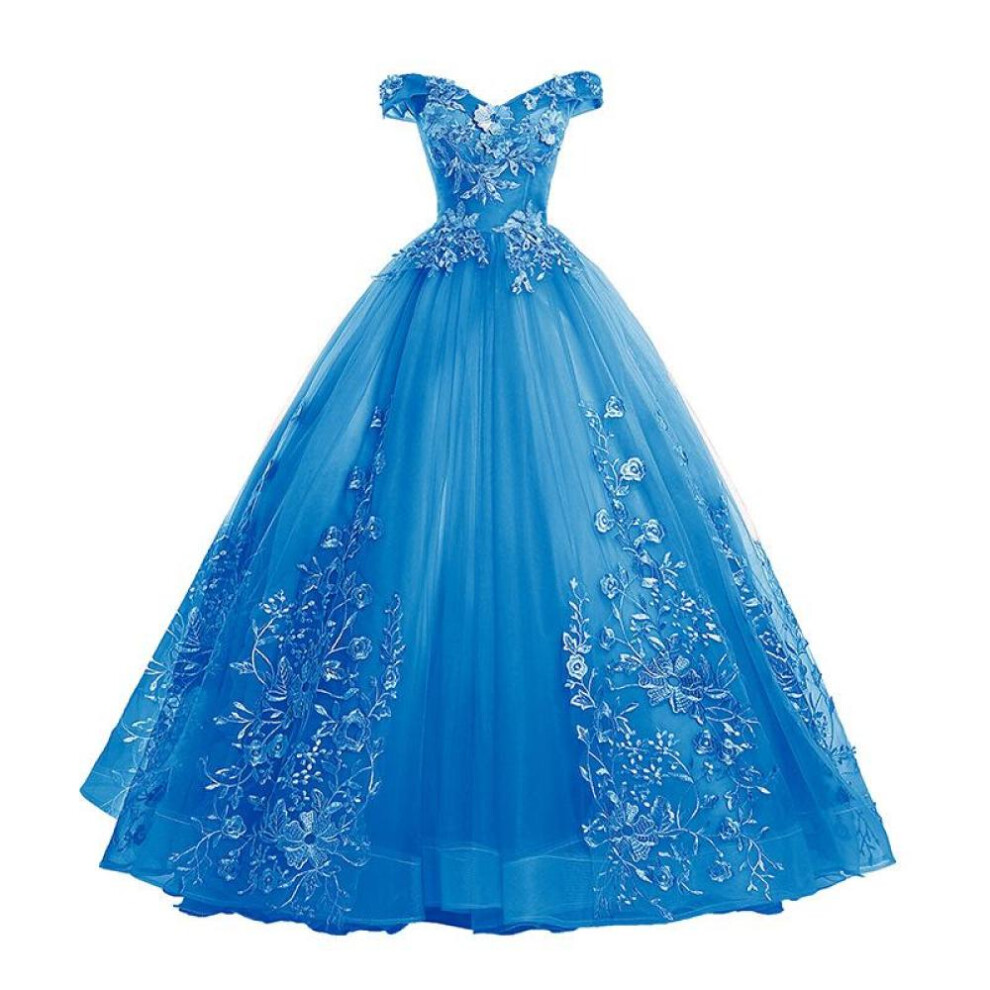 (lake blue, XXXL) Chorus Compere Party Banquet Women Off Shoulder Applique Embroidery Solid Color Elegant Mesh Maxi Dress