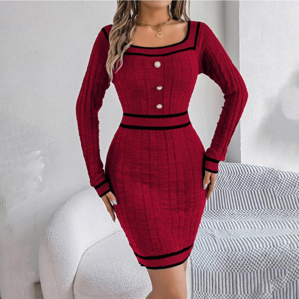(burgundy, M) Fall Winter Lazy Wind Loose O-neck Sweater Dress Women&apos;s Long Sleeve Straight Knit Pit Strip Wide Dresses