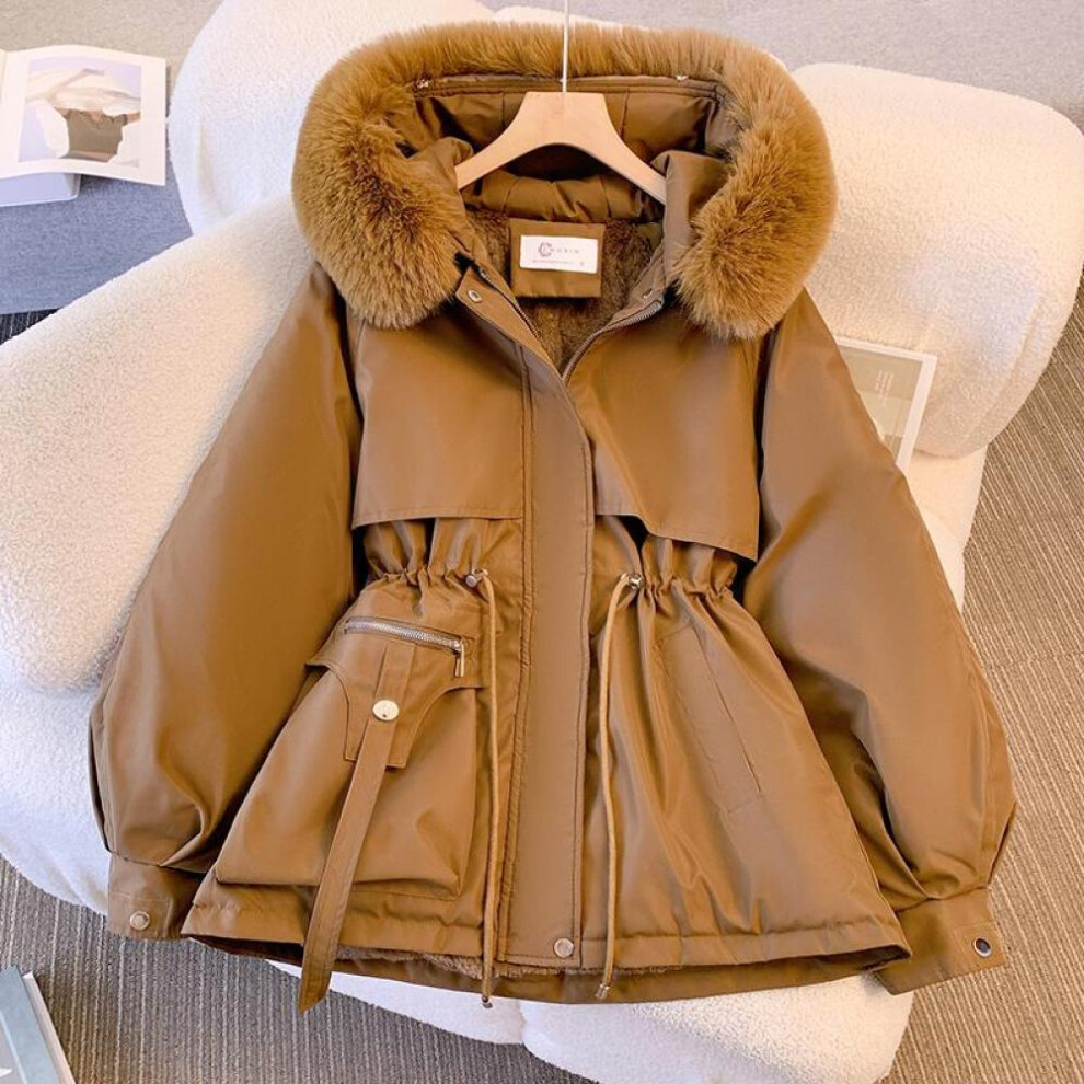 (auburn, XXL) Women Autumn Winter Fur Collar Long Sleeve Solid Color Drawstring Parka Hooded Chic Warm Coat