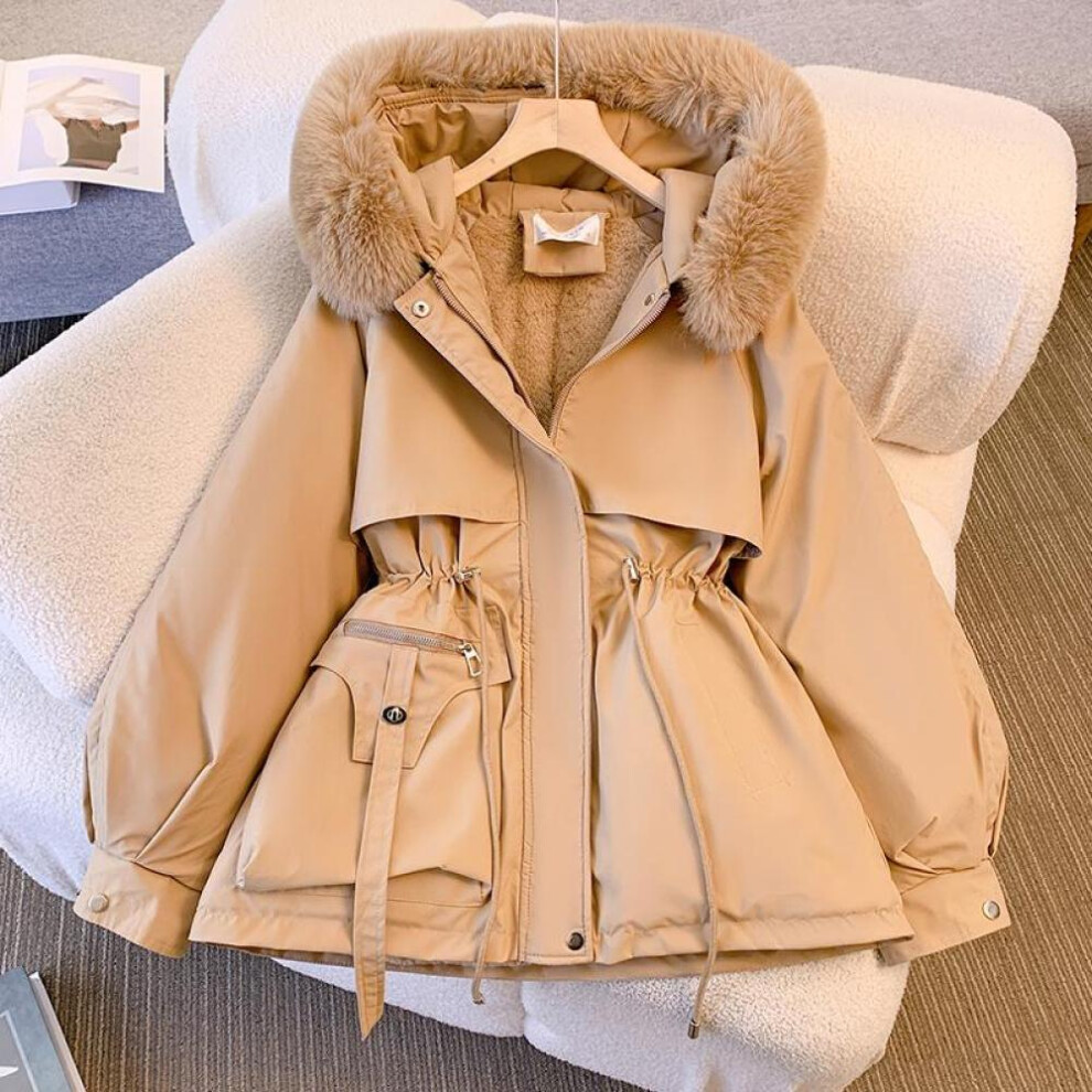(khaki, XXXL) Women Autumn Winter Fur Collar Long Sleeve Solid Color Drawstring Parka Hooded Chic Warm Coat