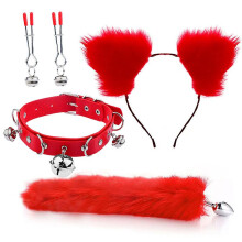 (Red) 4 Pcs Metal Massager Fox Tail Set Role Play Cosplay