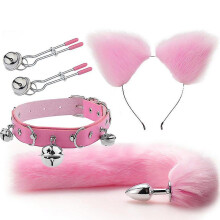(Pink) 4 Pcs Metal Massager Fox Tail Set Role Play Cosplay