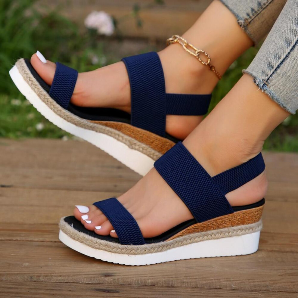 (blue, 42) Women&apos;s Simple Wedge Sandals, Casual Elastic Band Summer Shoes, Comfortable Platform Sandals