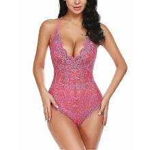 (Small, Dark Pink) Women One Piece Lingerie Deep V Teddy Sexy Lace Bodysuit