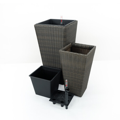 2-Pack Self-watering Planter - Hand Woven Wicker - Square - Expresso 1