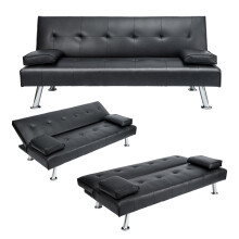 (Black Leather) Sofa Bed Faux Leather Sofa Bed Recliner 3 Seater