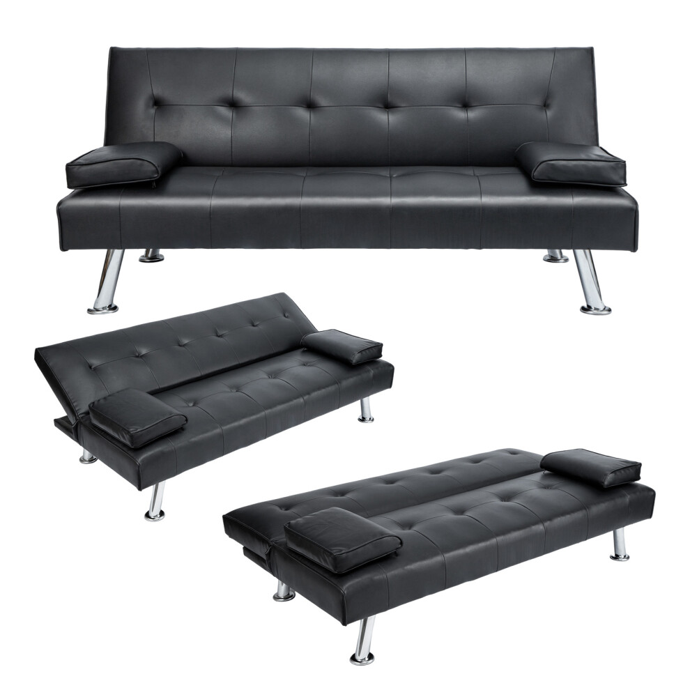 (Black Leather) Sofa Bed Faux Leather Sofa Bed Recliner 3 Seater