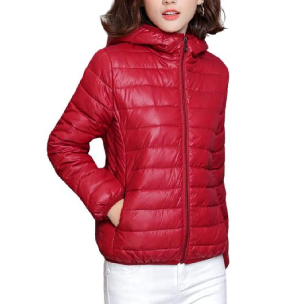 (wine red, L) Women Fall Winter Coat Padded Hooded Thick Long Sleeve Warm Solid Color Smooth Slim Fit Zipper Closure Pockets Cardigan Lady Cotton Coat Jacket