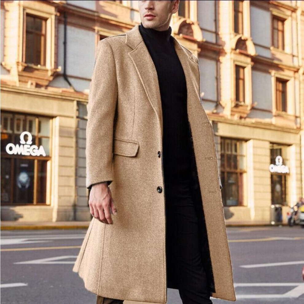 (khaki, XL) British Style Long Wool Trench Coat Men Winter Mens Cashmere Coat Slim Fit Extra Long Overcoat Windbreaker