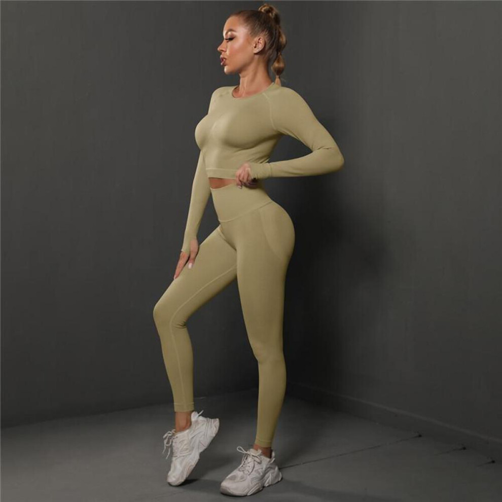 (khaki, L) Nessaj Seamless Fitness Suit Women Yoga Set High Waist Gym Tracksuit Scrunch Butt Leggings Sportswear
