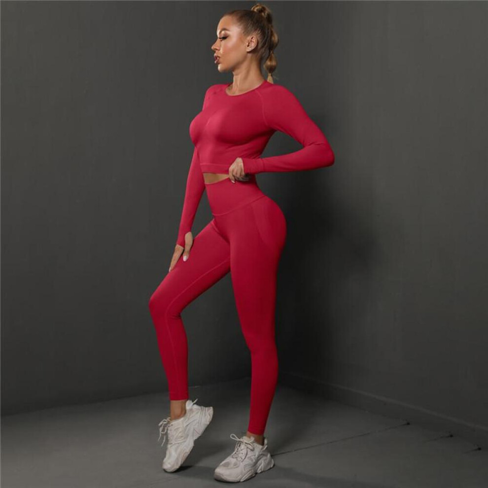 (red, L) Nessaj Seamless Fitness Suit Women Yoga Set High Waist Gym Tracksuit Scrunch Butt Leggings Sportswear