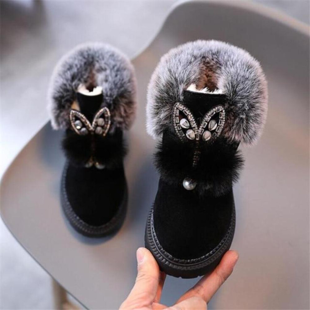 (black, 22) Winter Children Snow Boots Flat Girls Princess Cotton Shoes Fashion Thick Velvet Short Tube Baby Boots