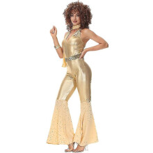 (M) Sexy Metallic Disco Jumpsuits - Women's Open Midriff Disco Jumpsuits
