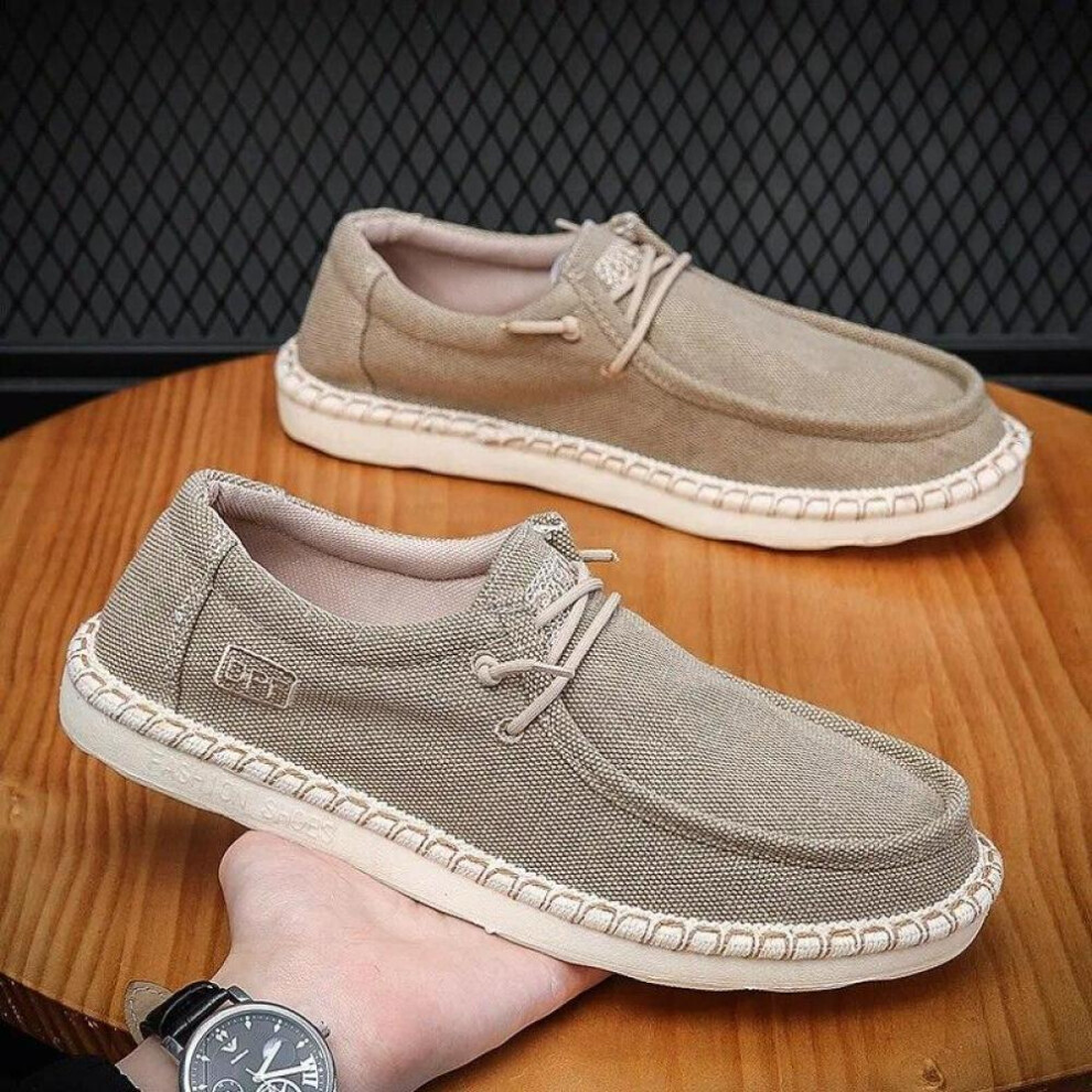 (khaki, 41) Men Plus Size Casual Denim Canvas Shoes Flat Vulcanize Shoes Fashion British Designer Breathable Light Men Sneakers Loafers