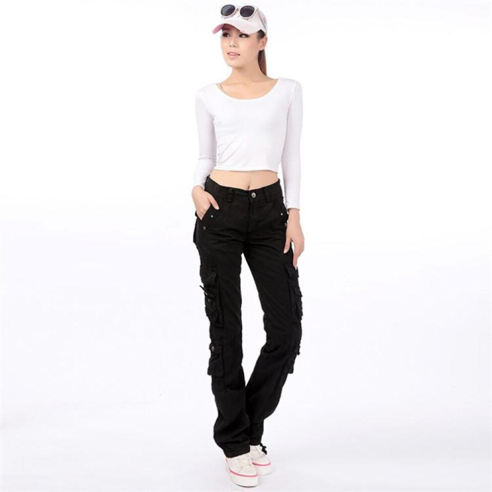 (black, 38) Women Straight Multi-pocket Cargo Pants Denim Overalls Ladies Fashion Workout Joggers Baggy Pants Loose Straight Trousers