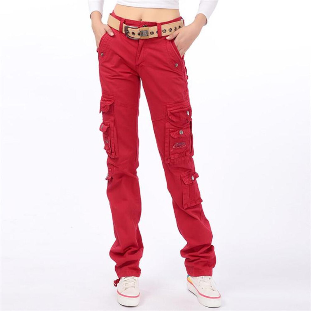 (red, 38) Women Straight Multi-pocket Cargo Pants Denim Overalls Ladies Fashion Workout Joggers Baggy Pants Loose Straight Trousers