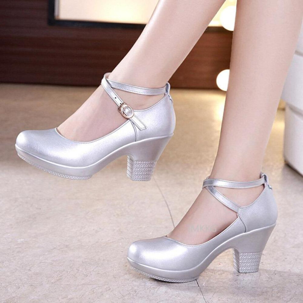 (silver, 37) Women Sexy High Heels Leather Thick Soled Platform Work Shoes Dress Wedding Pumps
