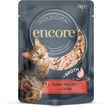 Encore 100% Natural Wet Cat Food Pouch, Succulent Tuna with Pacific Crab in Broth 70g Pouch (16 x 70g Pouches)