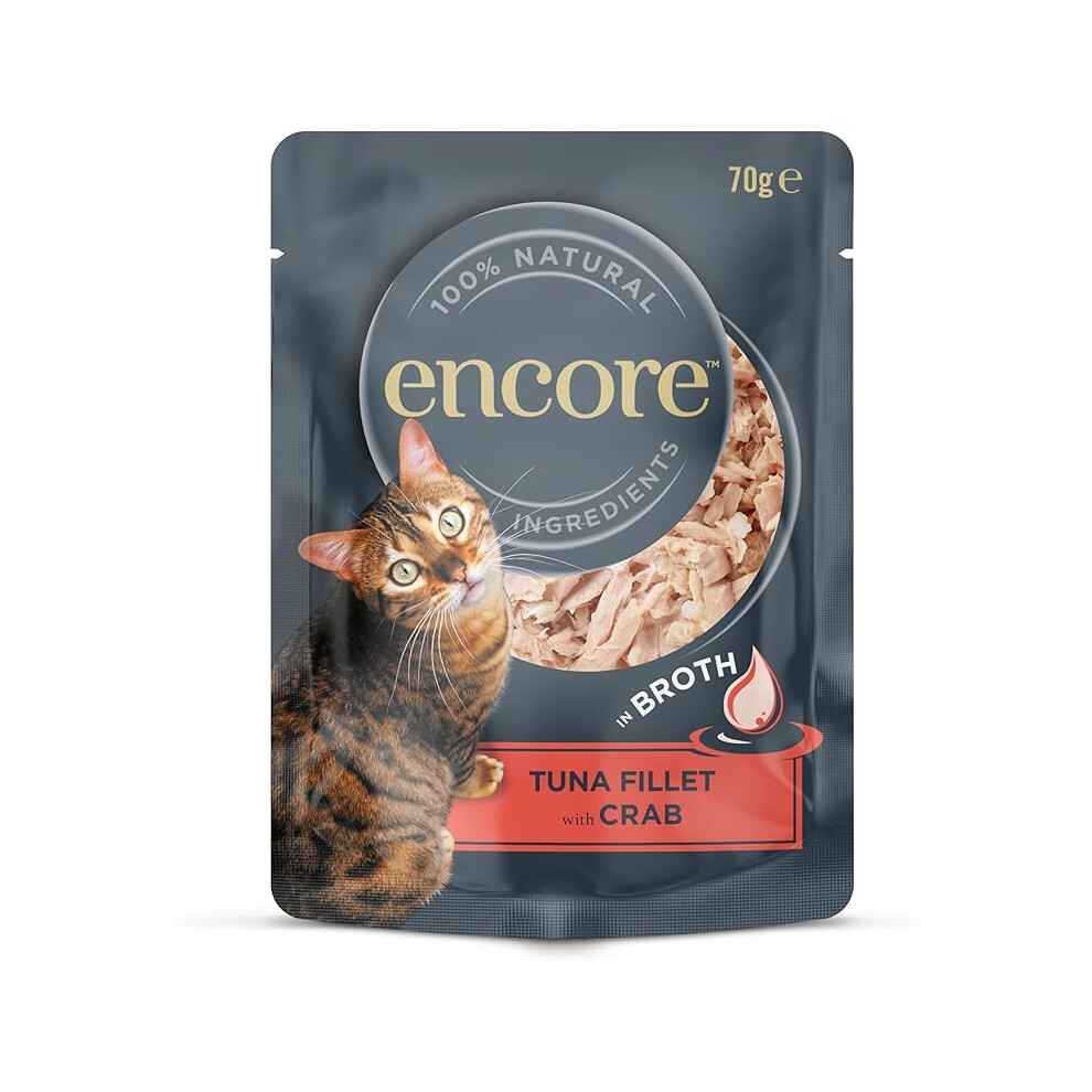 Encore 100% Natural Wet Cat Food Pouch, Succulent Tuna With Pacific Crab In Broth 70G Pouch (16 X 70G Pouches)