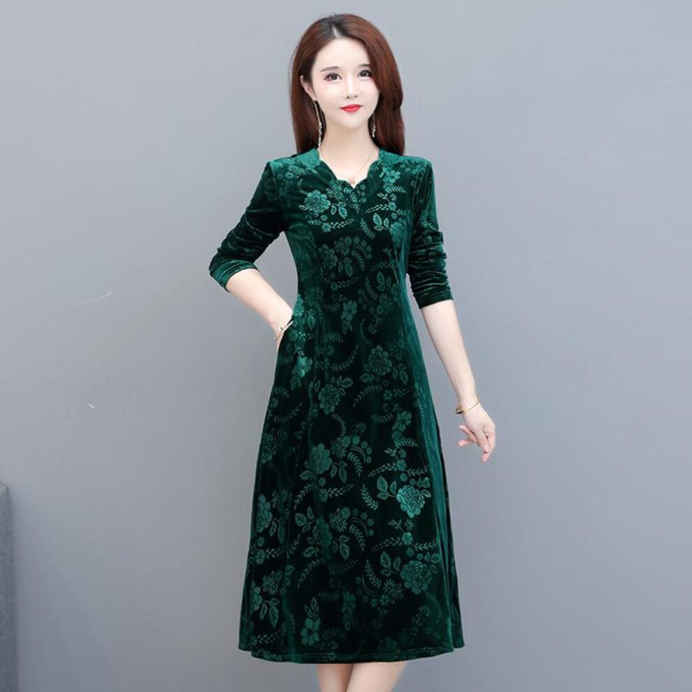(olive green black, 6XL) Mother Plus Size Autumn Velvet Dress Mid-length Slim Long-sleeved Middle-aged And Elderly Women