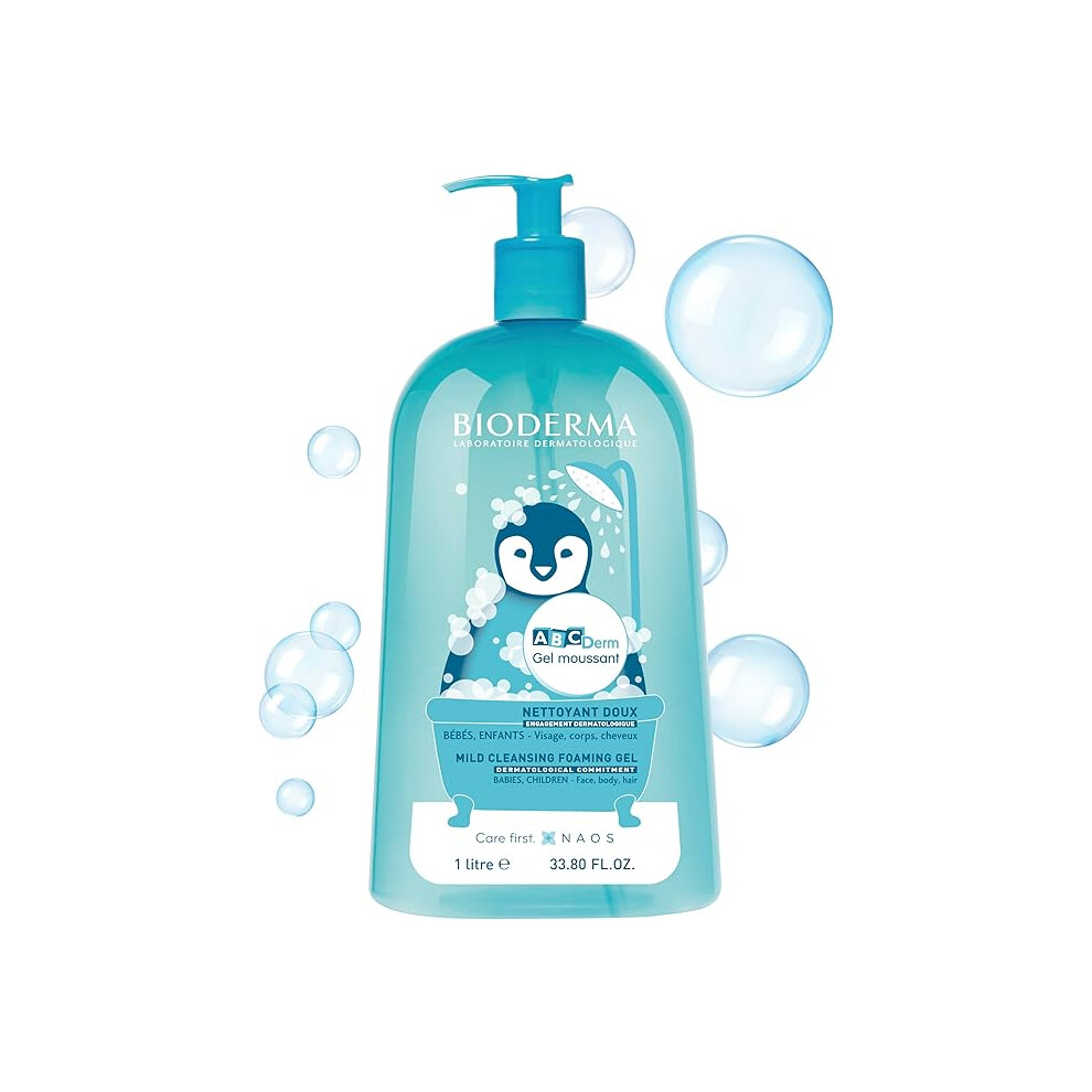 Bioderma ABCDerm Mild Cleansing Foaming Gel 1L | Gentle Baby Body Wash & Cleanser for Sensitive Skin | Shower Gel