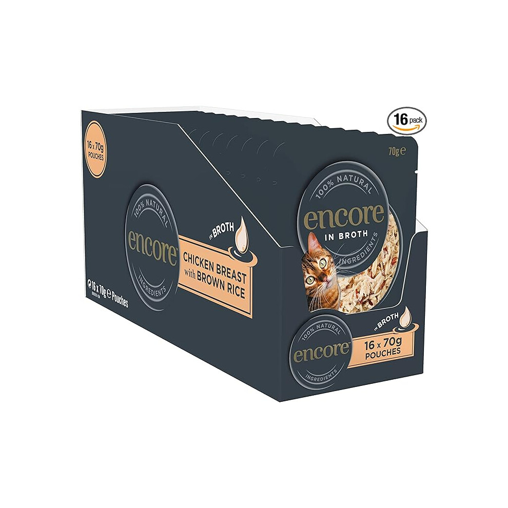 Encore 100 Percent Natural Cat Food, Pouch Chicken & Brown Rice in Broth 70g (16 x 70g Pouches)