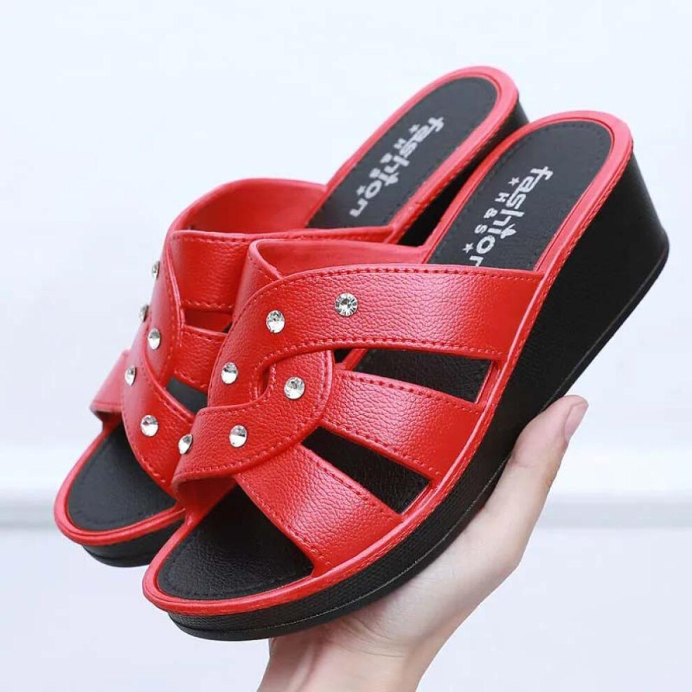 (red, 40) Ladies High Heel Slippers Summer Outer Wear Thick Bottom Home Non-slip Slippers Mother Summer Shoes Soft Bottom Wedge Heel Cool Rhinestone Sandals