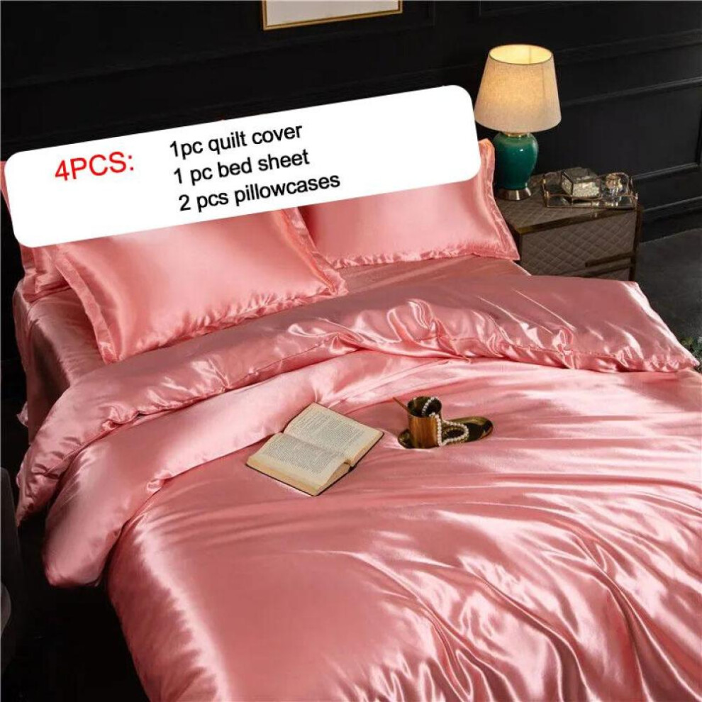 (pink, Twin 4 pcs) 4pcs/set Summer Smooth Nude Sleeping Silky Bedding Set Light Luxury Satin Quilt Cover Sheet Pillow Cover Student Dormitory Bed Four Piece Set