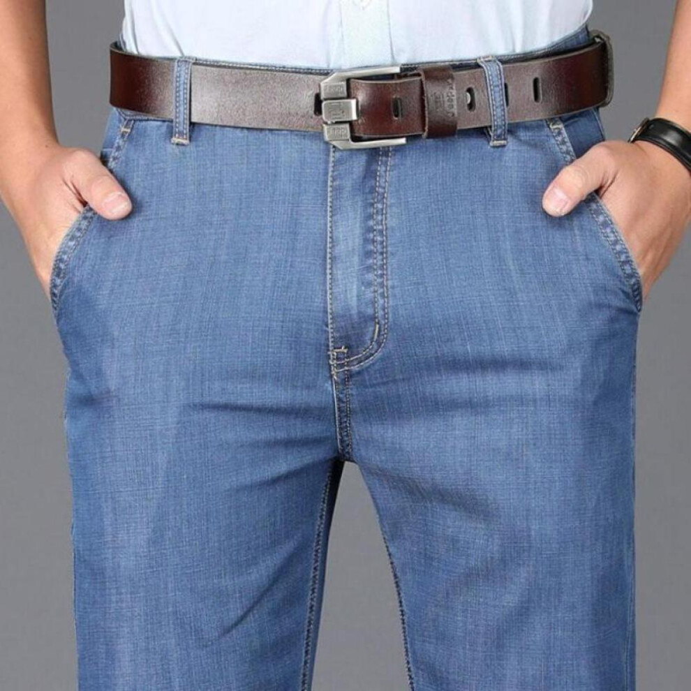 (light blue, 32) Men&apos;s Jeans Spring And Summer New Jeans Stretchy Big Yards Middle-aged High-waisted Casual Pants Wearable Dad Pants Work Business