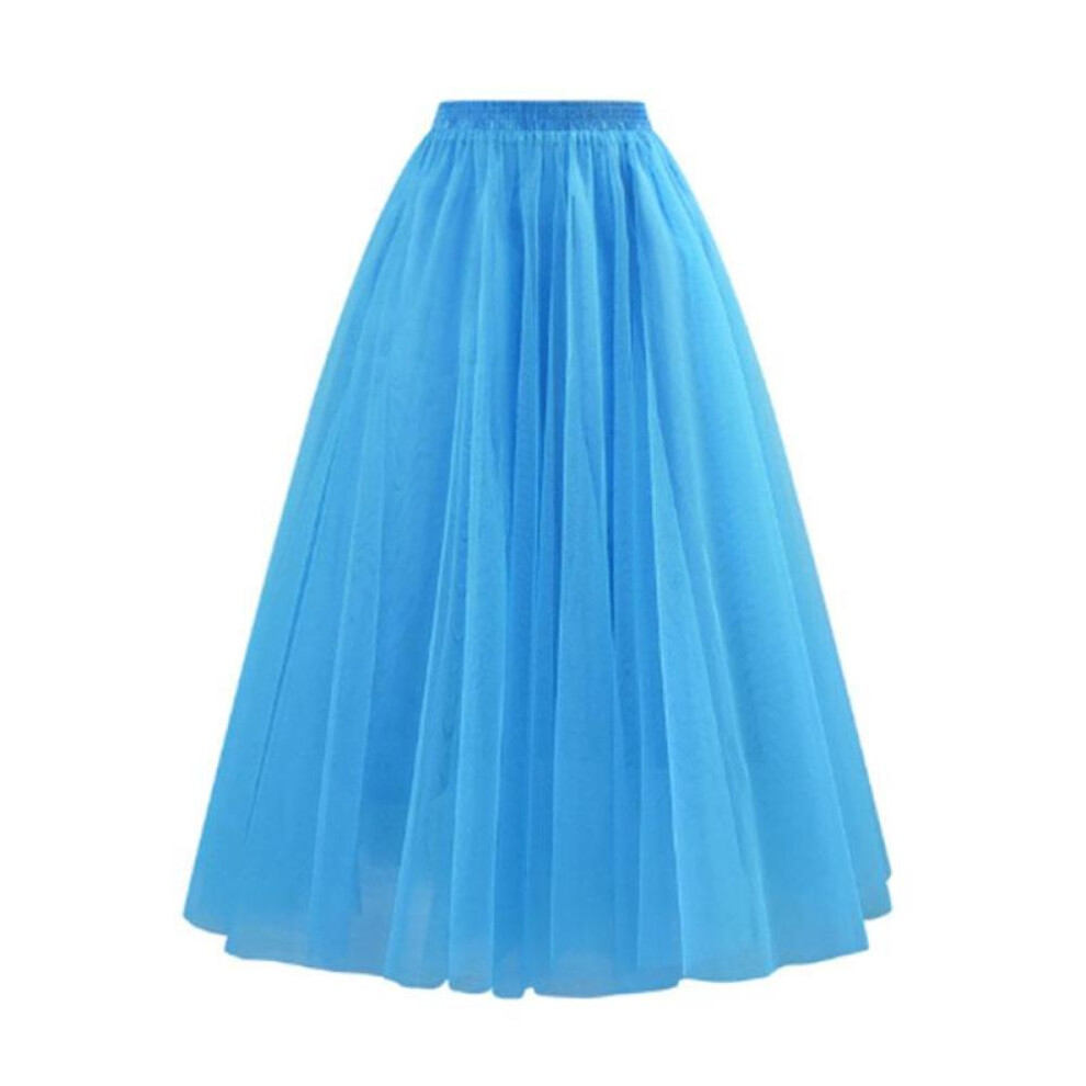 (sky blue, M) Women Midi Pleated Skirts Tulle Skirt Spring Summer Elastic High Waist Mesh Tutu Skirt