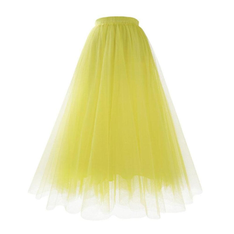 (gold, S) Women Midi Pleated Skirts Tulle Skirt Spring Summer Elastic High Waist Mesh Tutu Skirt