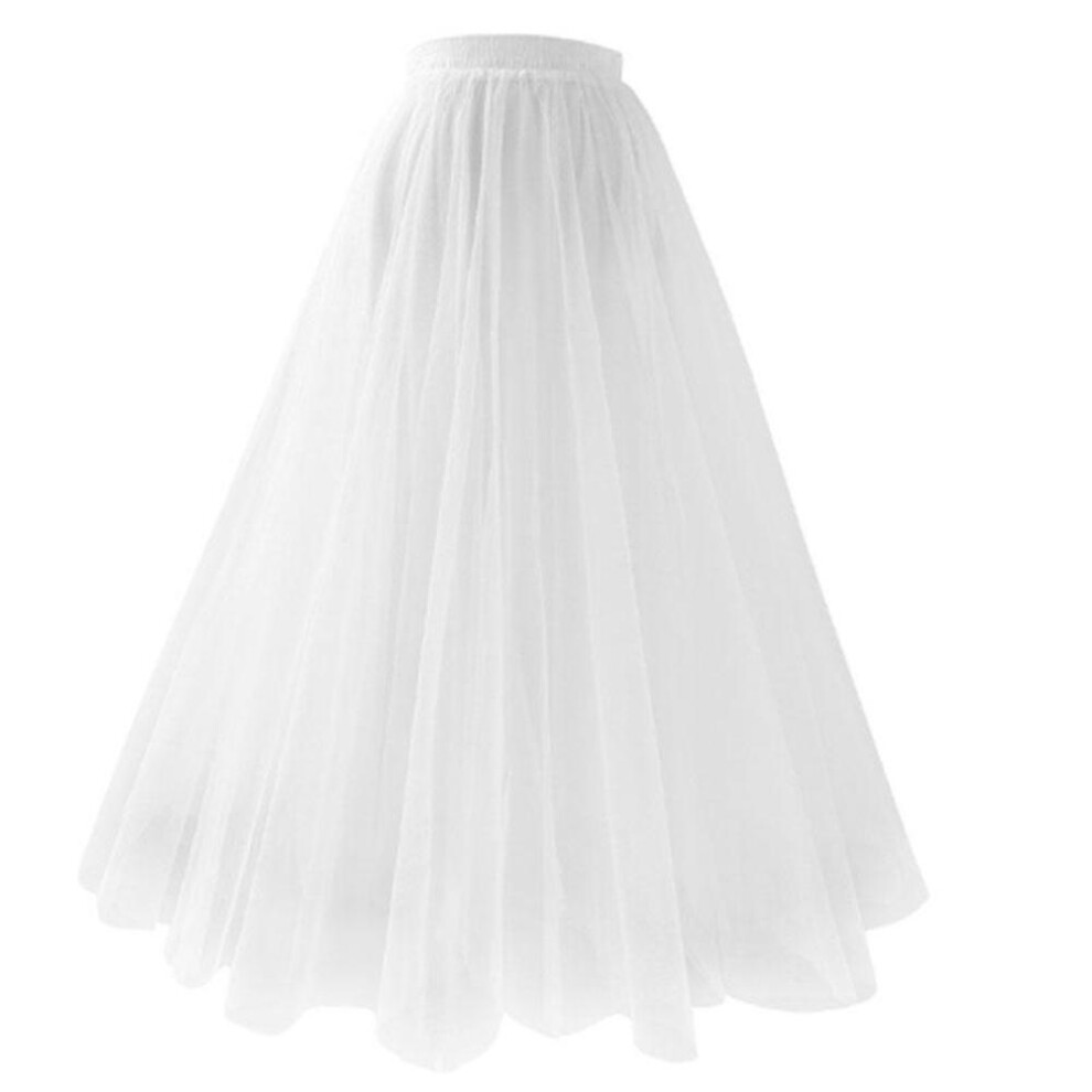 (white, M) Women Midi Pleated Skirts Tulle Skirt Spring Summer Elastic High Waist Mesh Tutu Skirt