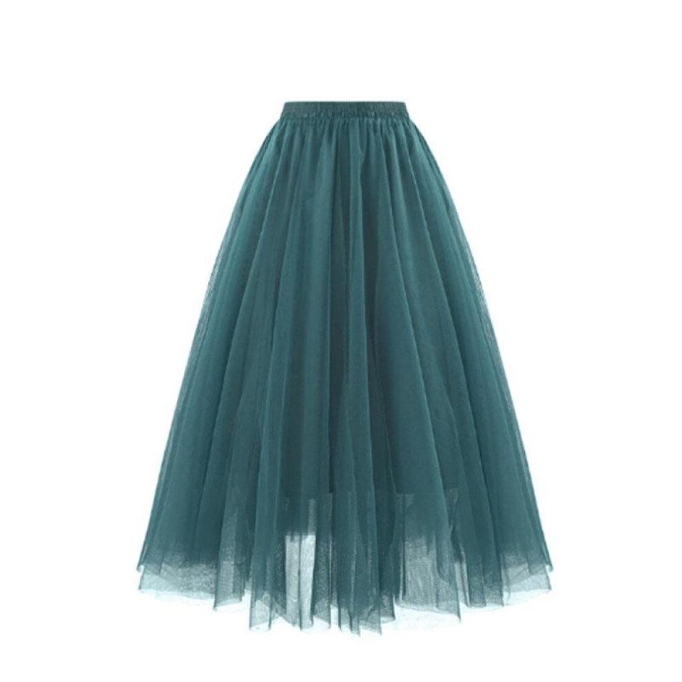 (dark green, XL) Women Midi Pleated Skirts Tulle Skirt Spring Summer Elastic High Waist Mesh Tutu Skirt