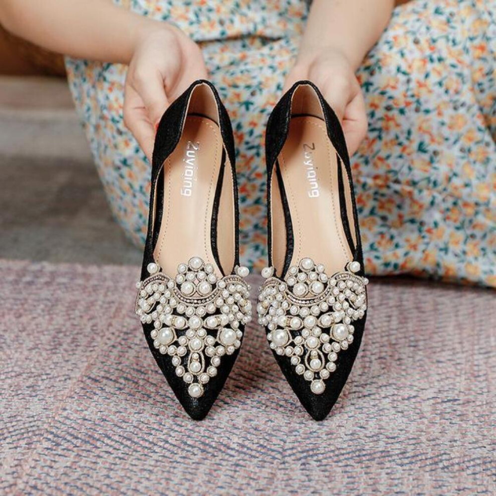 (black, 38) Designer Pearls Wedding Shoes Women  Lace Embroider Flats Woman Ballerina Pointed Toe Pearl Loafers Sneakers Plus Size 35-43