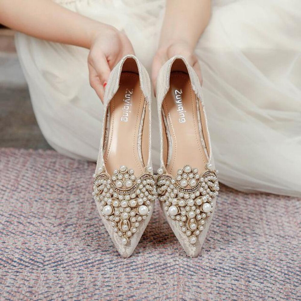 (apricot, 38) Designer Pearls Wedding Shoes Women  Lace Embroider Flats Woman Ballerina Pointed Toe Pearl Loafers Sneakers Plus Size 35-43