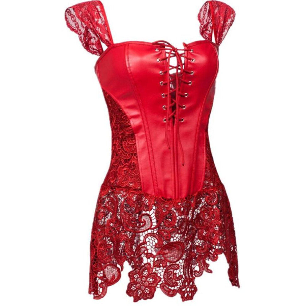 (red, S) Sexy Lingerie Women Leather&lace Burlesque Steampunk Corset Dress Waist Bustier Corpet Plus Size