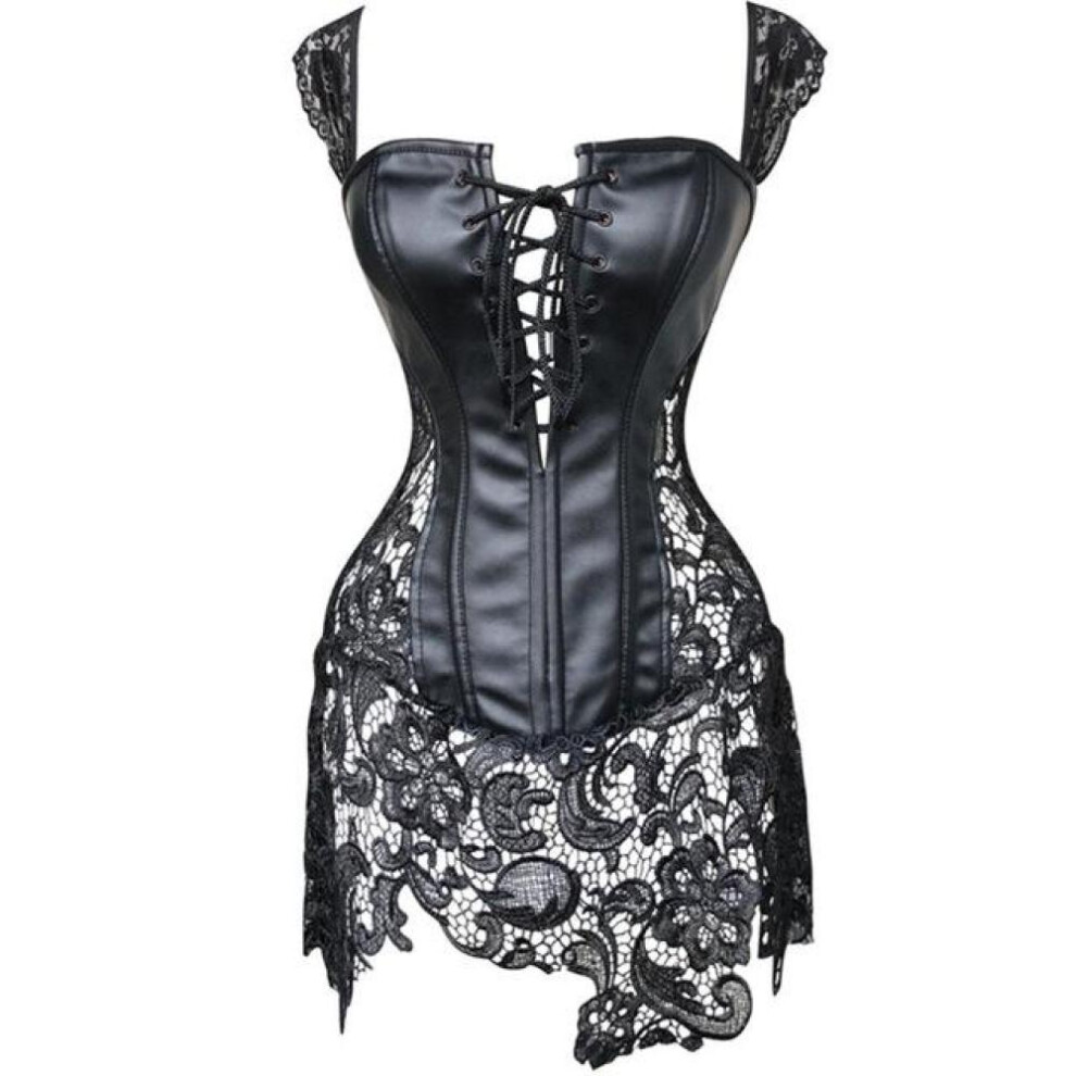 (black, L) Sexy Lingerie Women Leather&lace Burlesque Steampunk Corset Dress Waist Bustier Corpet Plus Size