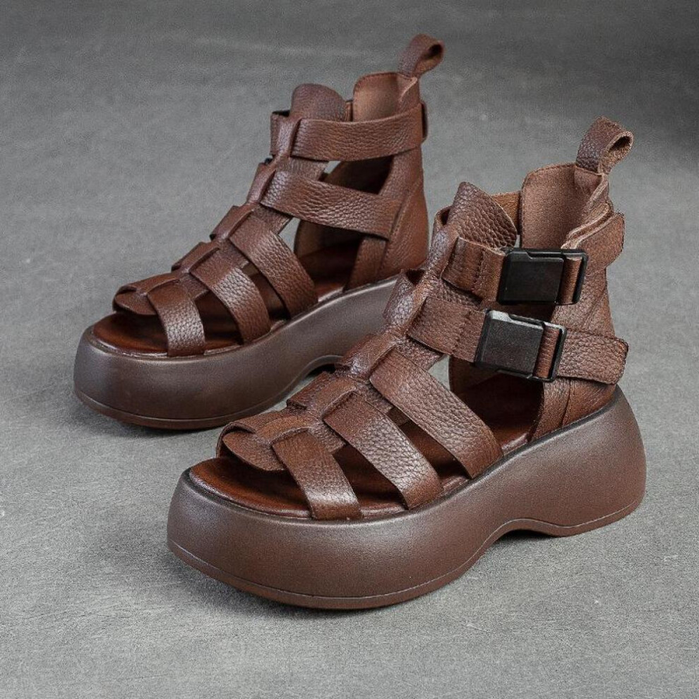(auburn, 37) Johnature Summer Thick Soled Hollow-out Breathable Sandals Genuine Leather Peep Toe Comfortable Women Platform Shoes