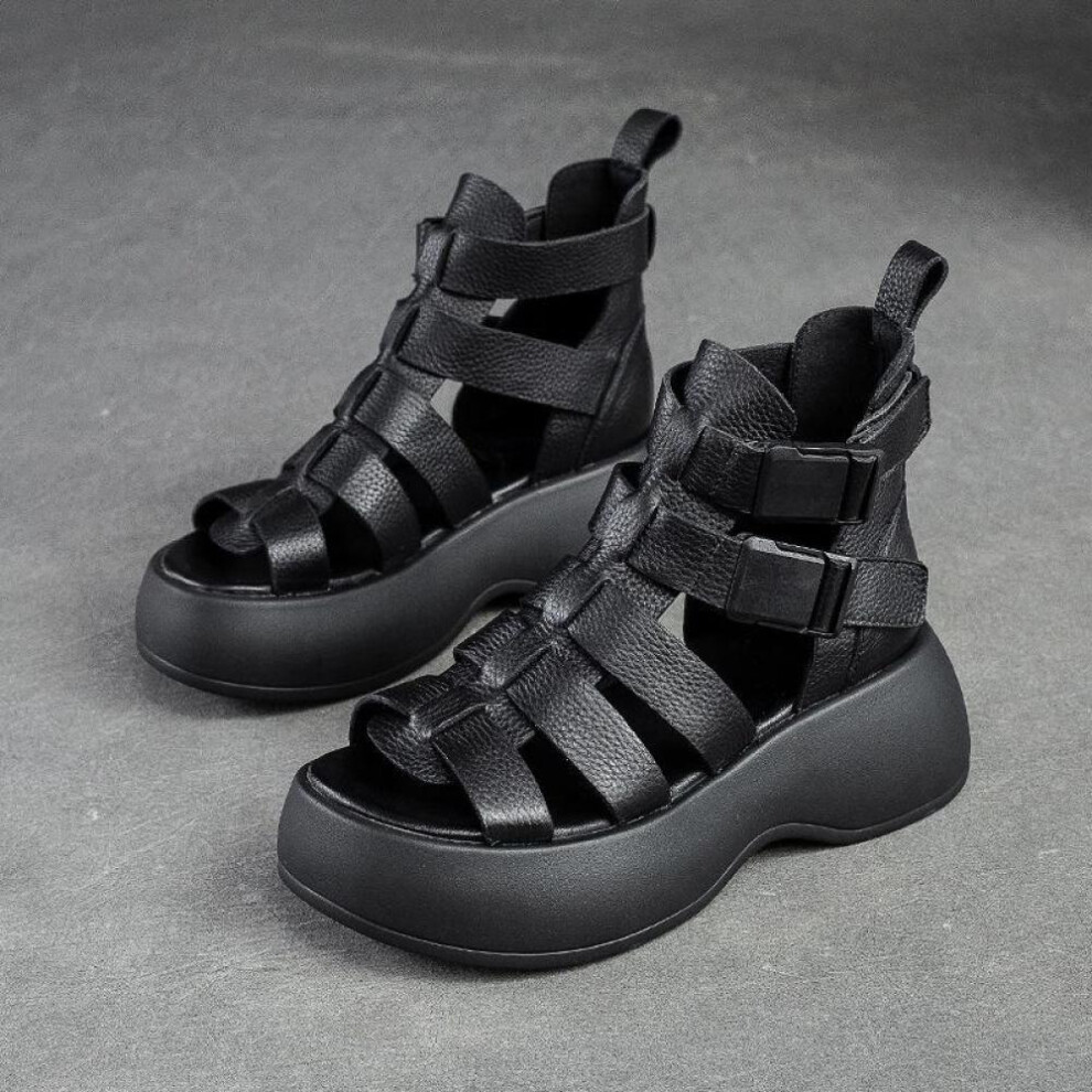 (black, 39) Johnature Summer Thick Soled Hollow-out Breathable Sandals Genuine Leather Peep Toe Comfortable Women Platform Shoes