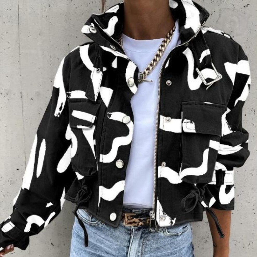 (white,black, XL) Autumn Winter Women Geometric Jackets Tops Vintage Print Long Sleeve Button Jacket Coat 2024 Ladies Leisure Outerwear Short Tops